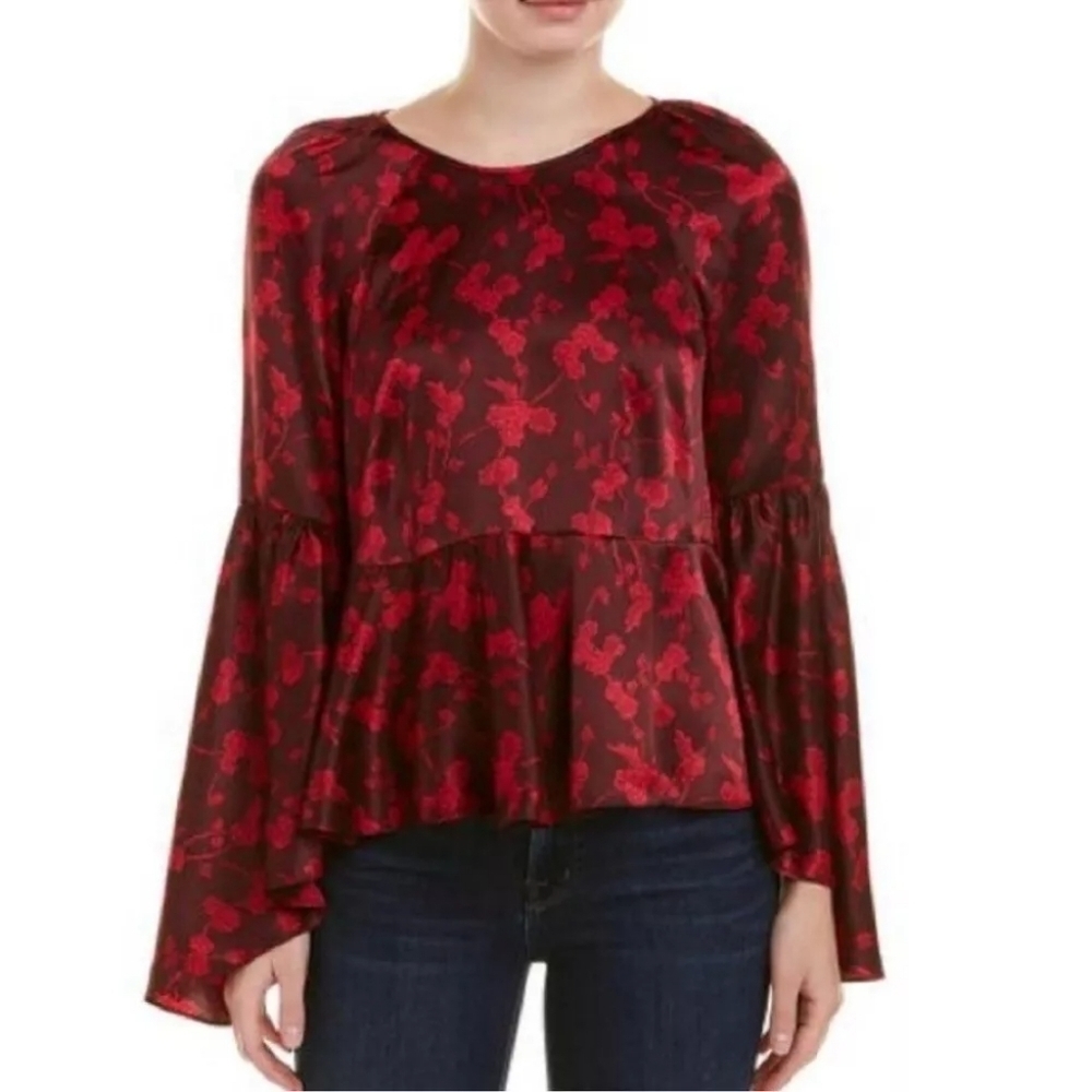 Cinq A Sept Cypress Vine Print Avalon Floral Silk Bell-Sleeve Flounce Top